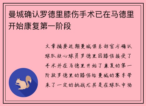 曼城确认罗德里膝伤手术已在马德里开始康复第一阶段 曼城确认罗德里膝伤手术已在马德里开始康复第一阶段